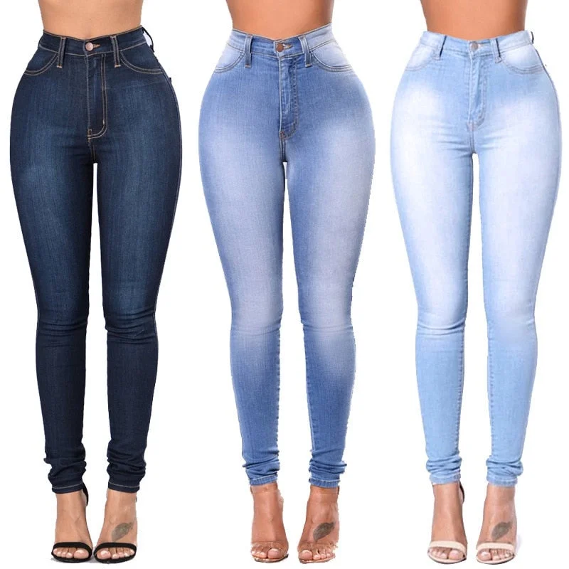 Women’s striped leggings for bold fashion -Women Casual Denim High Waist Jeans