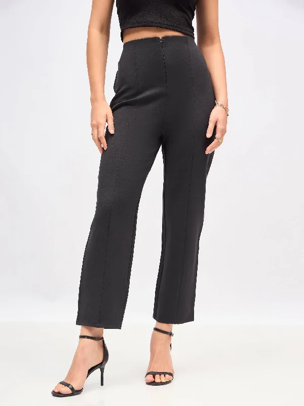 Women’s wide-leg pants for comfortable style -Women Dark Grey Front Darted High Waisted Pants