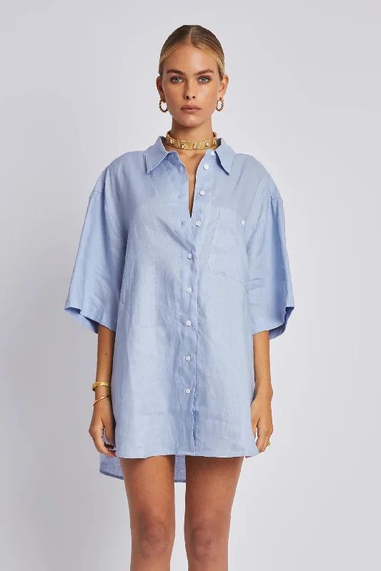 Women’s puffed sleeve tops for bold look -SUMMI SUMMI Womens Big Shirt - Alice Blue Linen