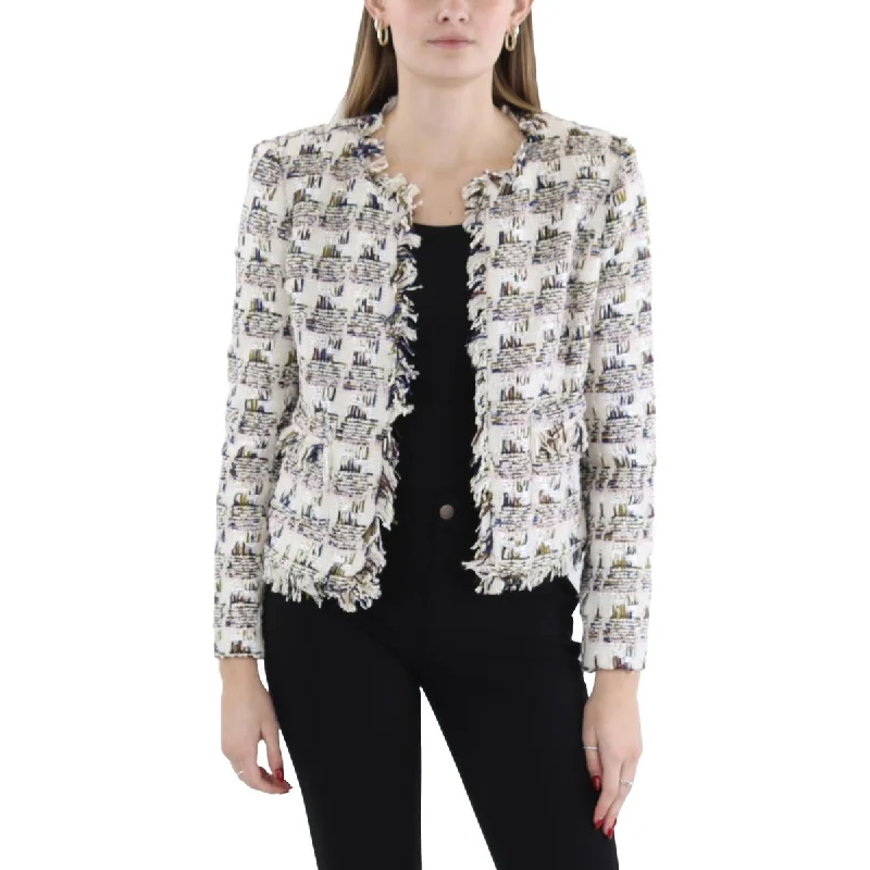 Women’s checked blazers for preppy chic -Angelina Womens Tweed Collarless Open-Front Blazer