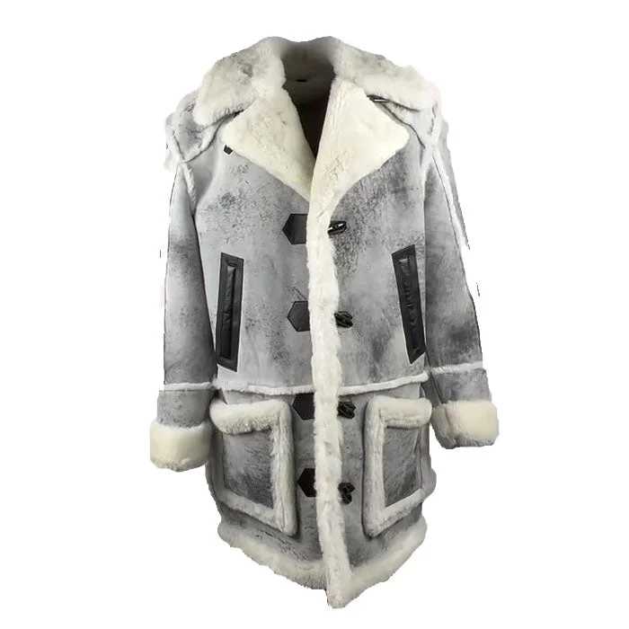 Women’s fleece-lined jackets for extra warmth -Bret harry distressed grey shearling overcoat