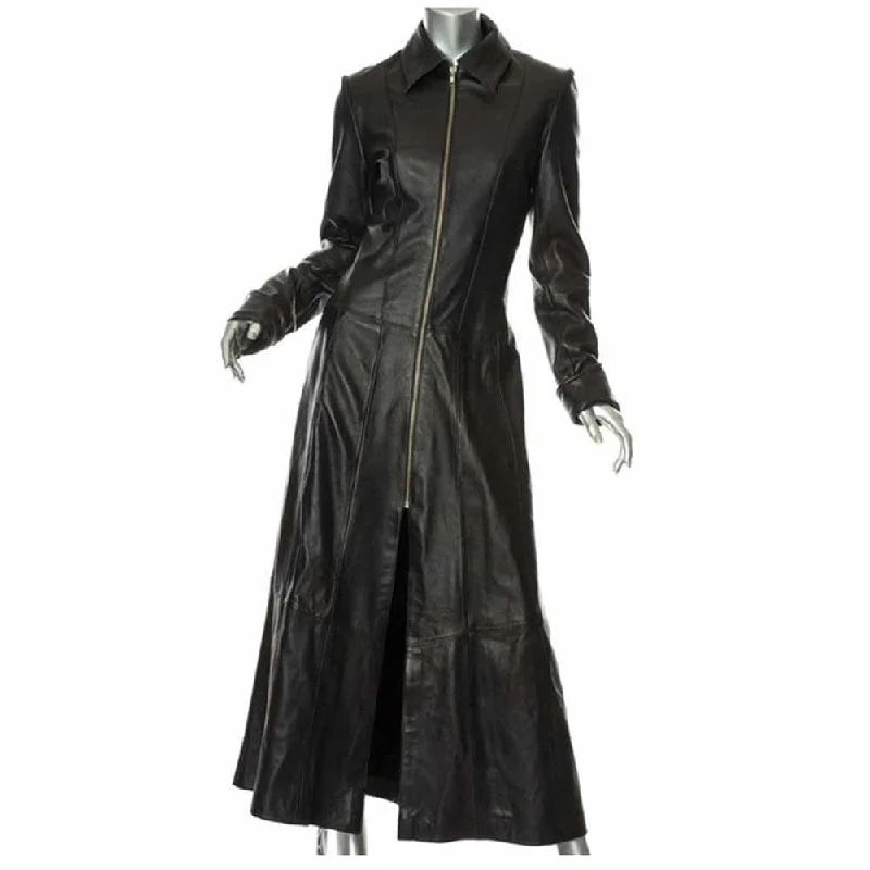 Women’s satin jackets for evening wear -Women Matrix Long Length Genuine Leather Coat