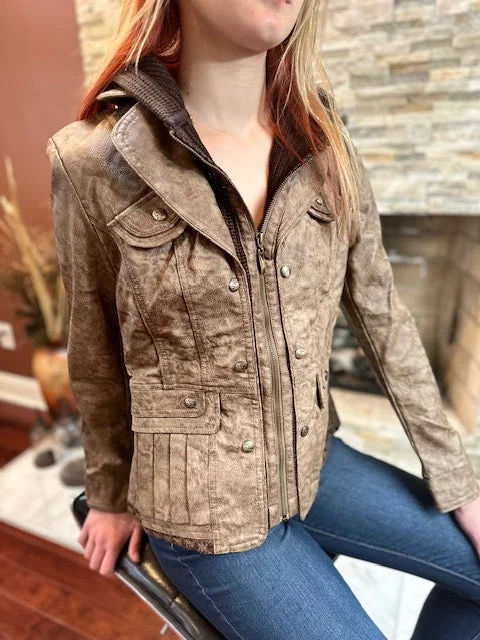 Women’s puffer vests for winter layering -Women's Faux Leather Jacket - Wash Brown (801104)