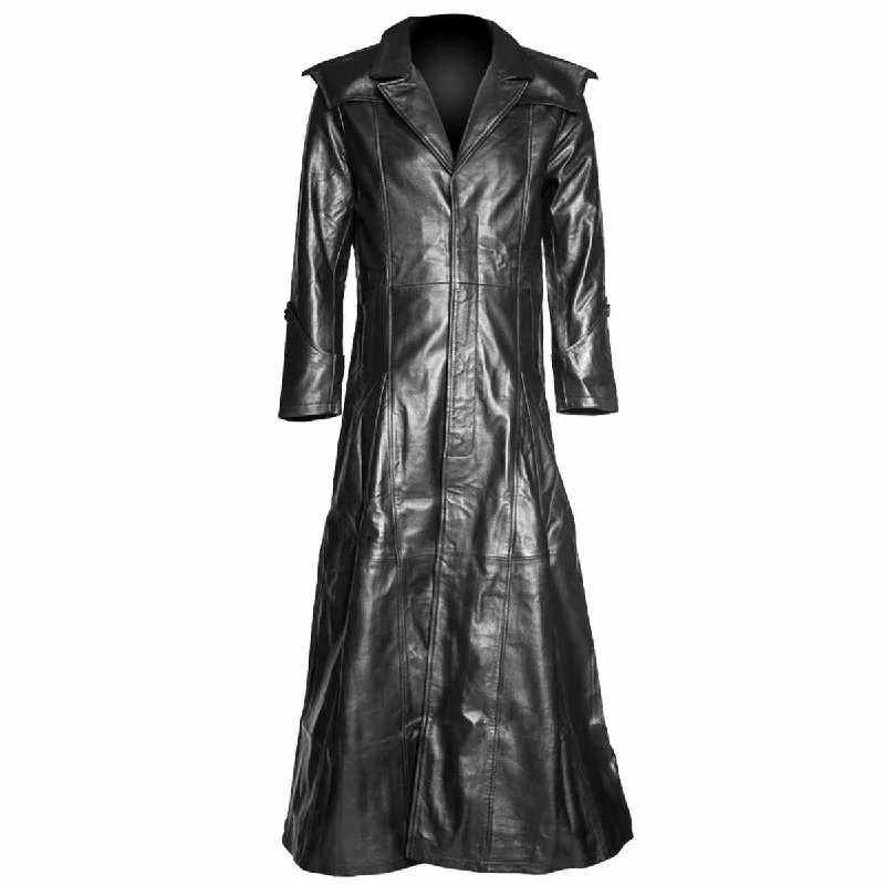 Women’s wool trench coats for fall style -Men Genuine Leather Long Goth Halloween Coat