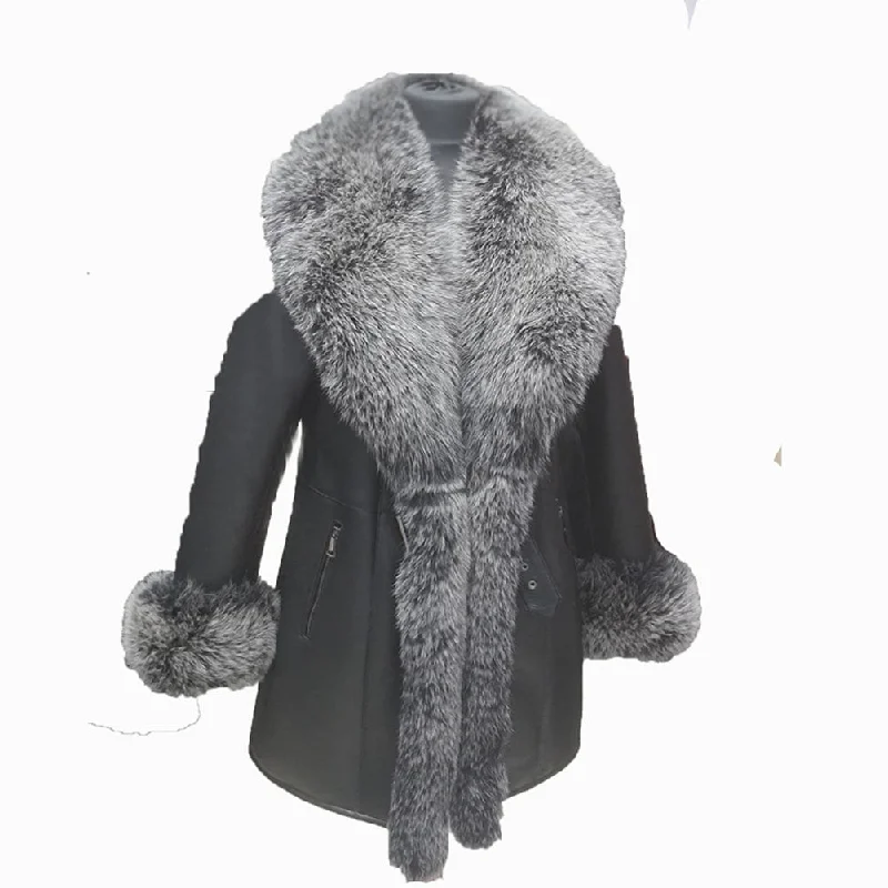 Women’s cape coats for dramatic flair -Stella black shearling coat with fox fur trim