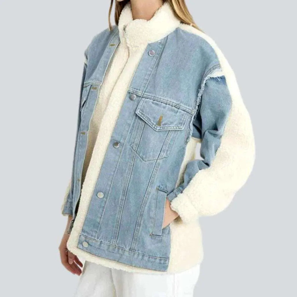 Women’s bomber jackets for casual chic -Light-wash sherpa jean jacket
 for women