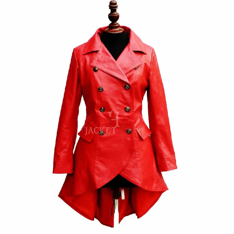 Women’s fleece jackets for outdoor comfort -Women Double Breast Military Red Leather Coat