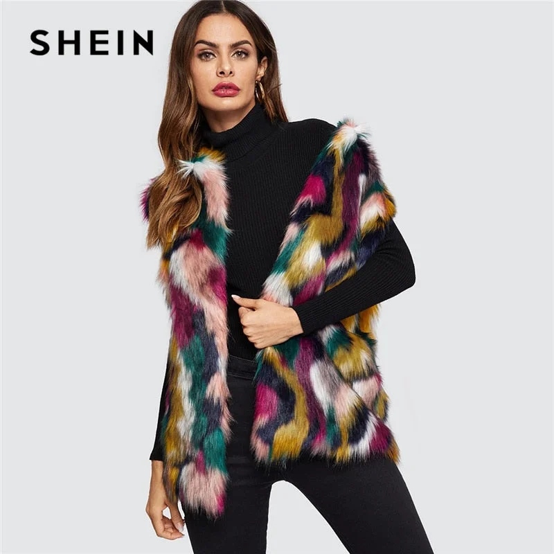 Women’s parka coats for extreme cold weather -SHEIN Open Front Colorful Faux Fur Wide Waist Vest Fashion Multicolor High street Sleeveless Coat Winter Women Vests Outerwear