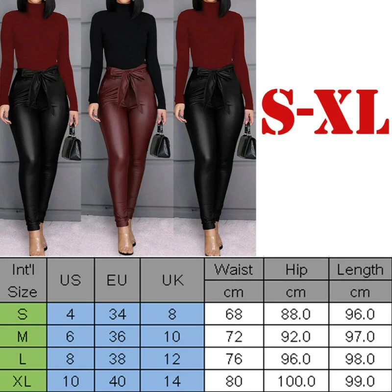 Women’s wool blend trousers for winter warmth -Hirigin Belt High Waist Pencil Pant Faux Leather Long Trousers