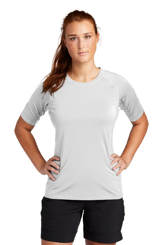 Women’s banded hem tops for sleek look -Sport-Tek Womens Rashguard Moisture Wicking Short Sleeve Crewneck T-Shirt - White