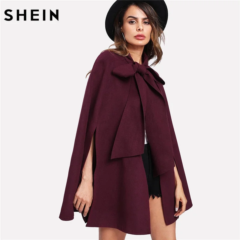 Women’s quilted vests for easy layering -SHEIN Elegant Woman Fall Coat Korean Fashion Clothing for Womens Burgundy Long Sleeve Slit Back Tied Front Cape Coat