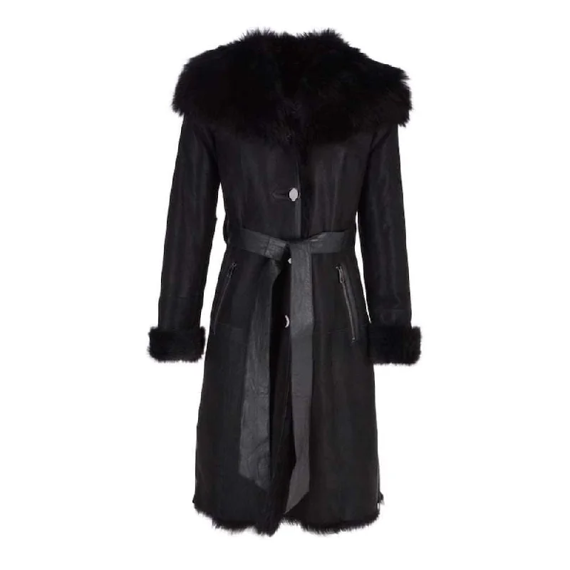 Women’s puffer jackets for warmth and comfort -Women's Long Black Leather Coat Shearling Huddie