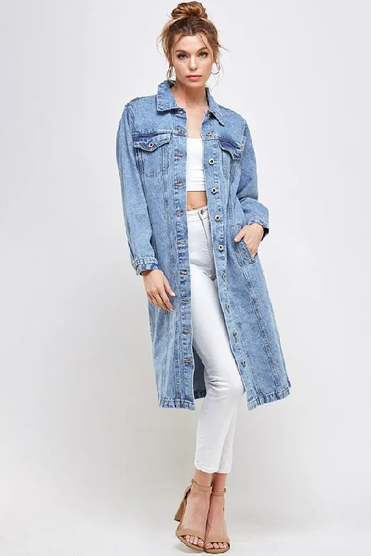 Women’s printed jackets for unique style -Long Trench Coat Denim Long Jean Jacket