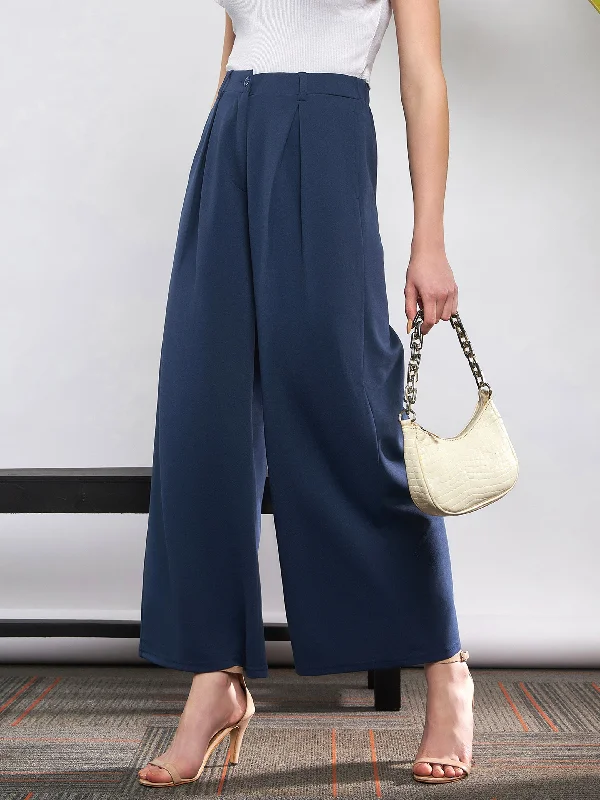 Women’s tailored wide-leg pants for polished look -Women Blue Front Pleated Loose Fit Korean Pants