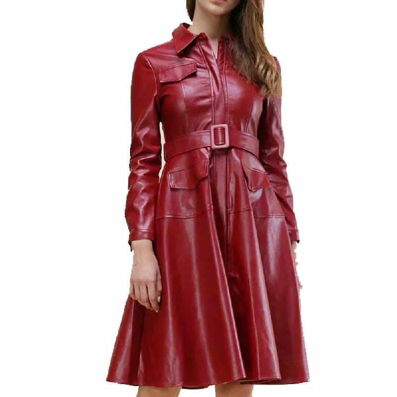 Women’s pea coats for timeless style -Genuine Red Leather Party Dress Coat For Women