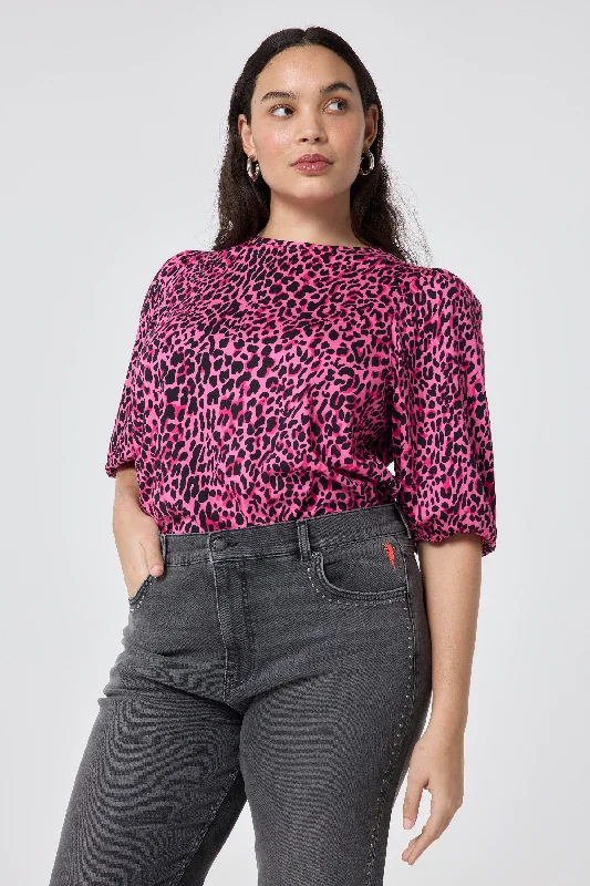 Women’s button-up blouse tops for chic office look -Pink with Black Wild Leopard Puff Sleeve T-Shirt