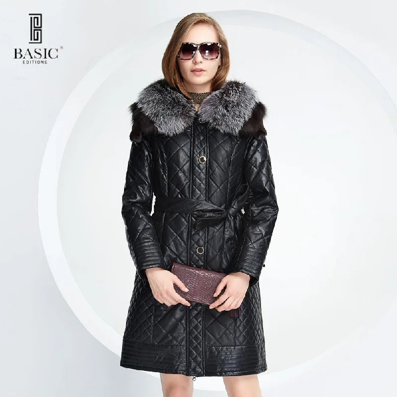 Women’s double-breasted coats for structured look -BASIC EDITIONS Winter Women Faux Leather Jacket