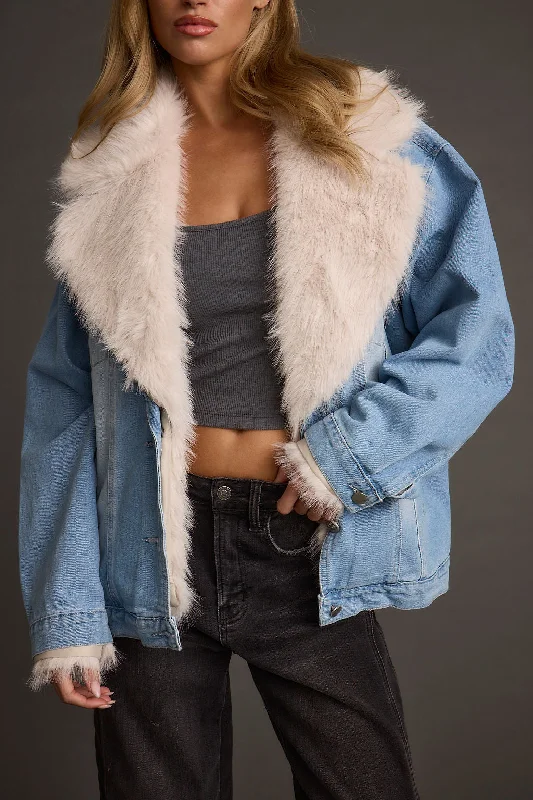 Women’s oversized jackets for relaxed fit -Rylee Denim Jacket with Faux Fur Trim