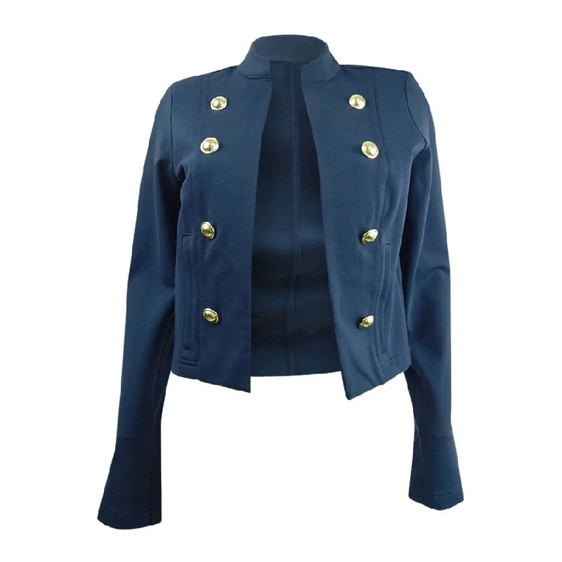 Women’s kimono jackets for flowy elegance -MICHAEL Michael Kors Women's Band-Collar Cropped Jacket (S, Midnigh Blue)