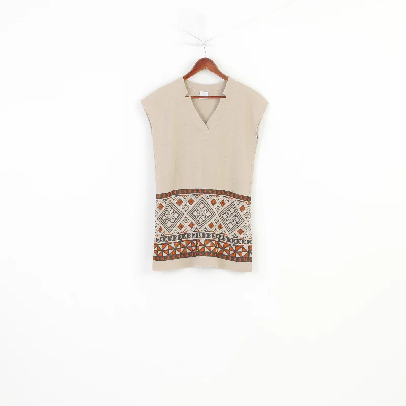 Women’s cut-out tops for modern look -Madeleine Women M 10/12 Vest  Shirt Beige Cotton  V Neck Geometric Print Top