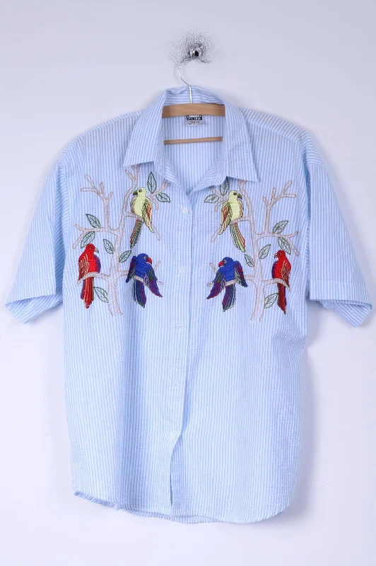 Women’s puff sleeve tops for dramatic flair -O//So Club Womens L Casual Shirt Cotton Blue Striped Embroidered Birds