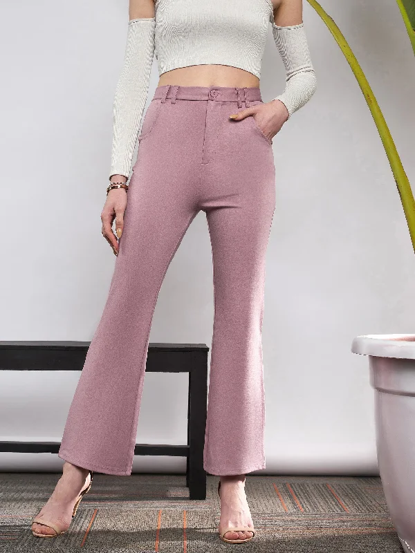 Women’s floral print pants for spring fashion -Women Light Pink Knit Bell Bottom Pants