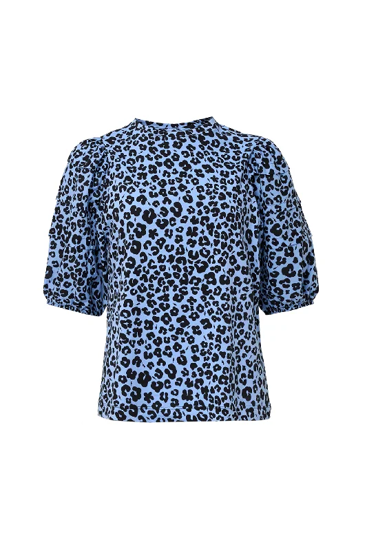 Women’s knit tops for comfortable wear -Soft Blue with Black Floral Leopard Pintuck Sleeve T-Shirt