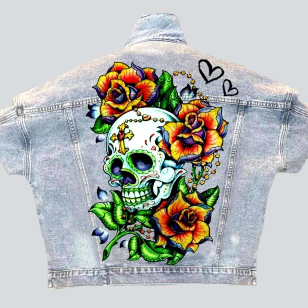 Women’s short jackets for casual chic -Light-wash skull print women's jean jacket