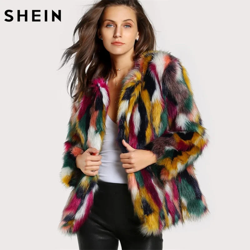 Women’s utility jackets for practical fashion -SHEIN Women Elegant Fur Coats Colorful Faux Fur Coat Multicolor Long Sleeve Collarless Casual Woman Winter Fur Coats