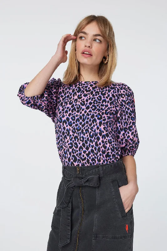 Women’s cotton button-up tops for everyday wear -Pink with Blue and Black Shadow Leopard Puff Sleeve T-Shirt