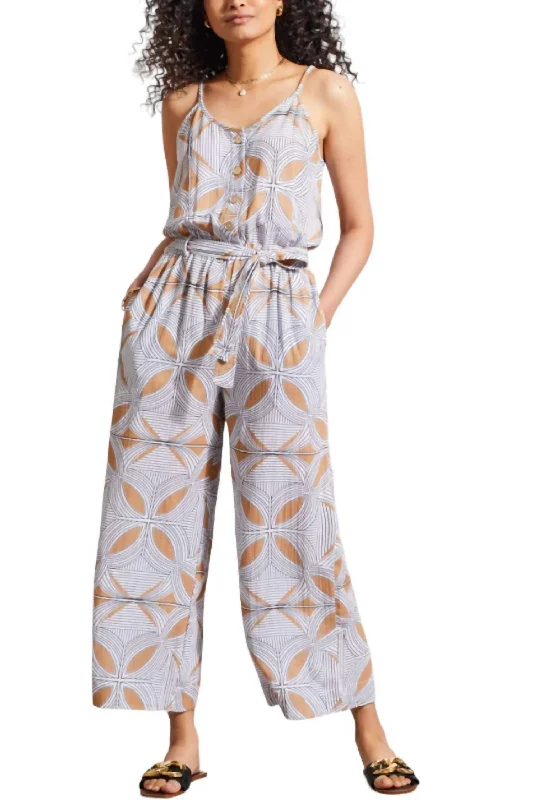 Women’s linen-blend pants for lightweight style -Button Front Jumpsuit In Carmel Color/print