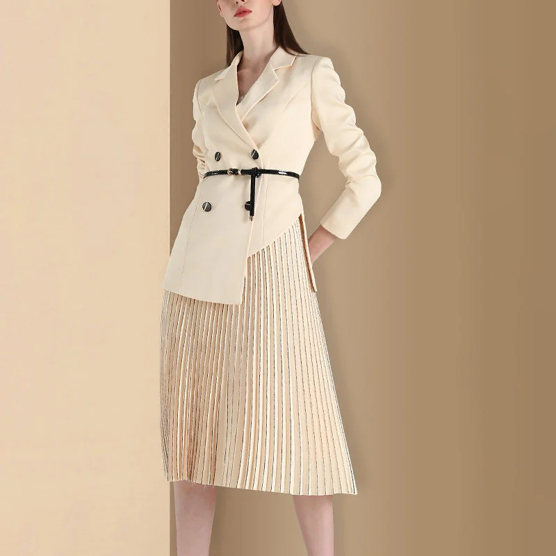 Women’s zip-up hooded jackets for comfort -Women Beige irregular Double breasted Blazer Suit and Pleated Skirt Set