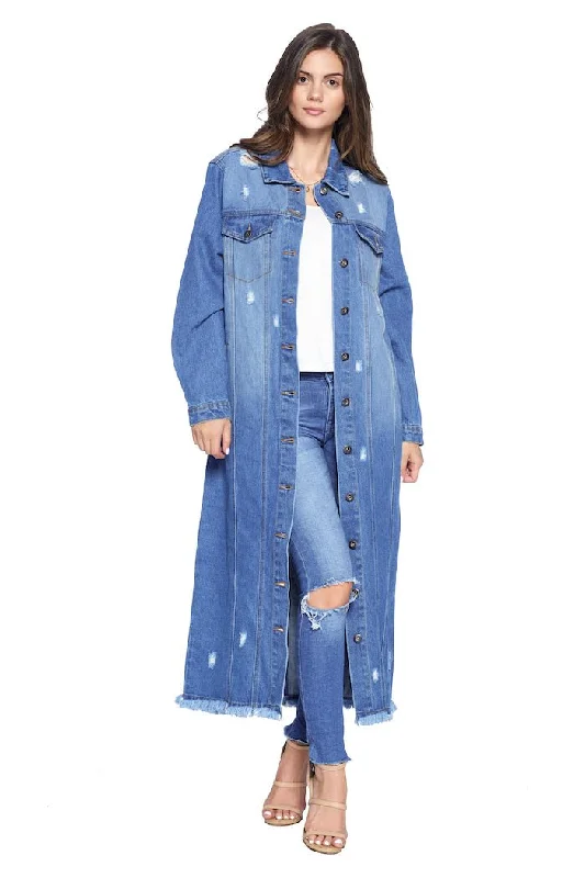 Women’s quilted coat for stylish warmth -Destroyed Denim Long Jacket