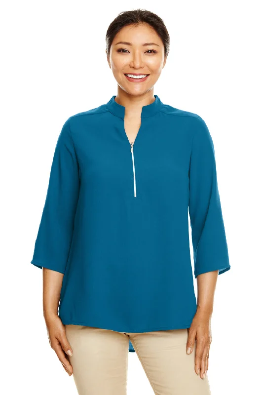 Women’s satin blouse tops for elegant appeal -Devon & Jones Womens Perfect Fit Short Sleeve 1/4 Zip Crepe Tunic - Dark Teal Blue