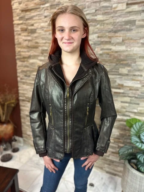 Women’s ribbed jackets for textured style -Faux leather Jacket with knit Cap - (801108)-BRN/CHOCO