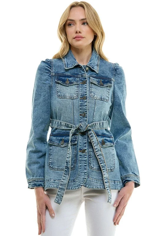 Women’s checked blazers for preppy chic -Stretch Solid Ladies Casual Denim Jacket with Belt