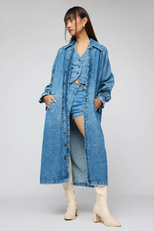 Women’s ribbed jackets for textured style -Basic Blue Denim Trenchcoat