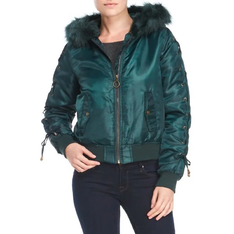 Women’s wrap coats for easy fit -Puffer Winter Crop Faux Fur Lace Up Jacket In Green