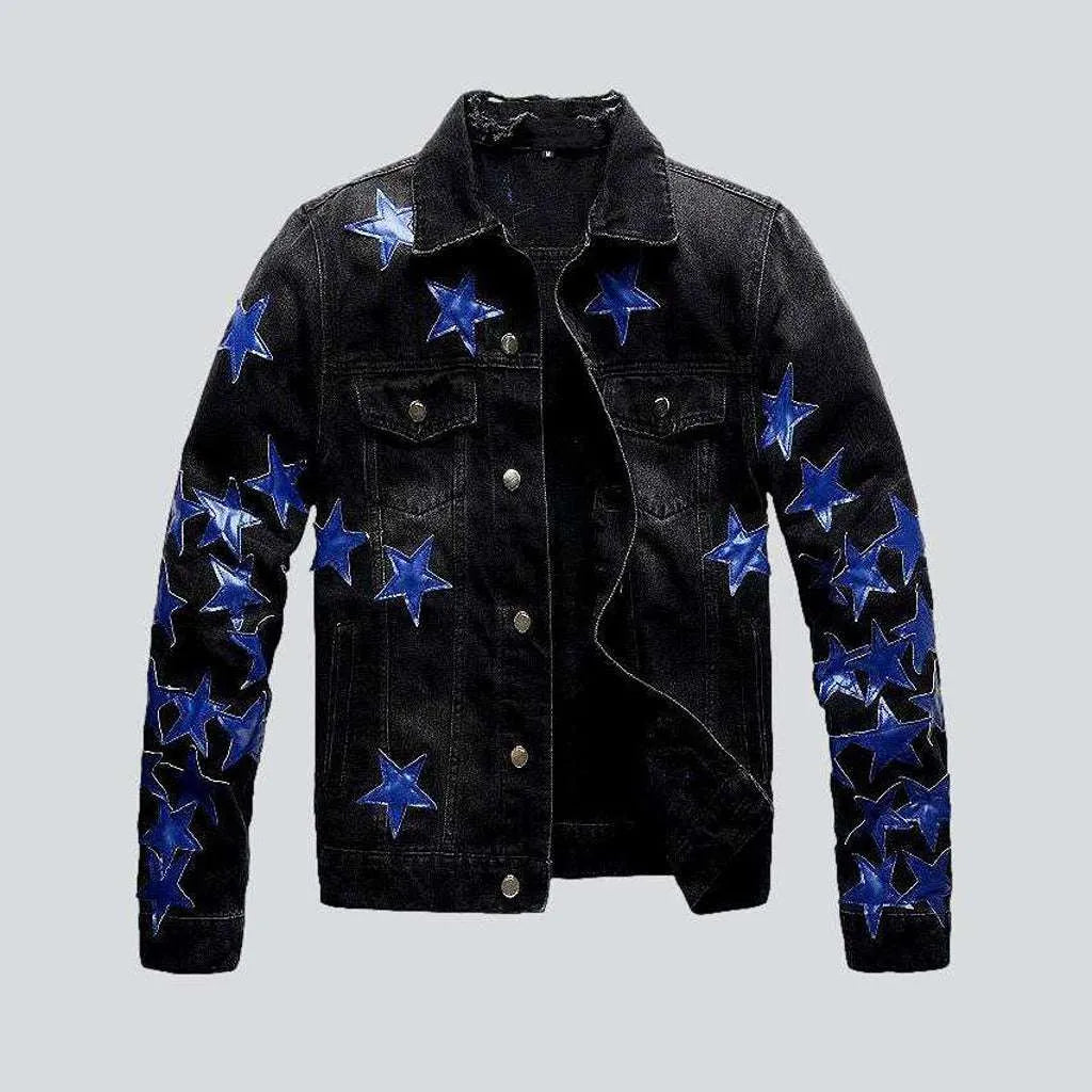 Women’s puffer coats for snow protection -Blue stars black denim jacket