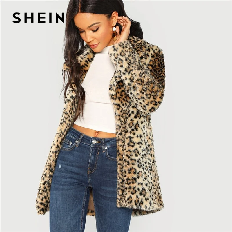 Women’s biker jackets for tough-chic style -SHEIN Multicolor Elegant Highstreet Leopard Print Stand Collar Fuzzy Coat 2018 Autumn Office Lady Women Coats And Outerwear