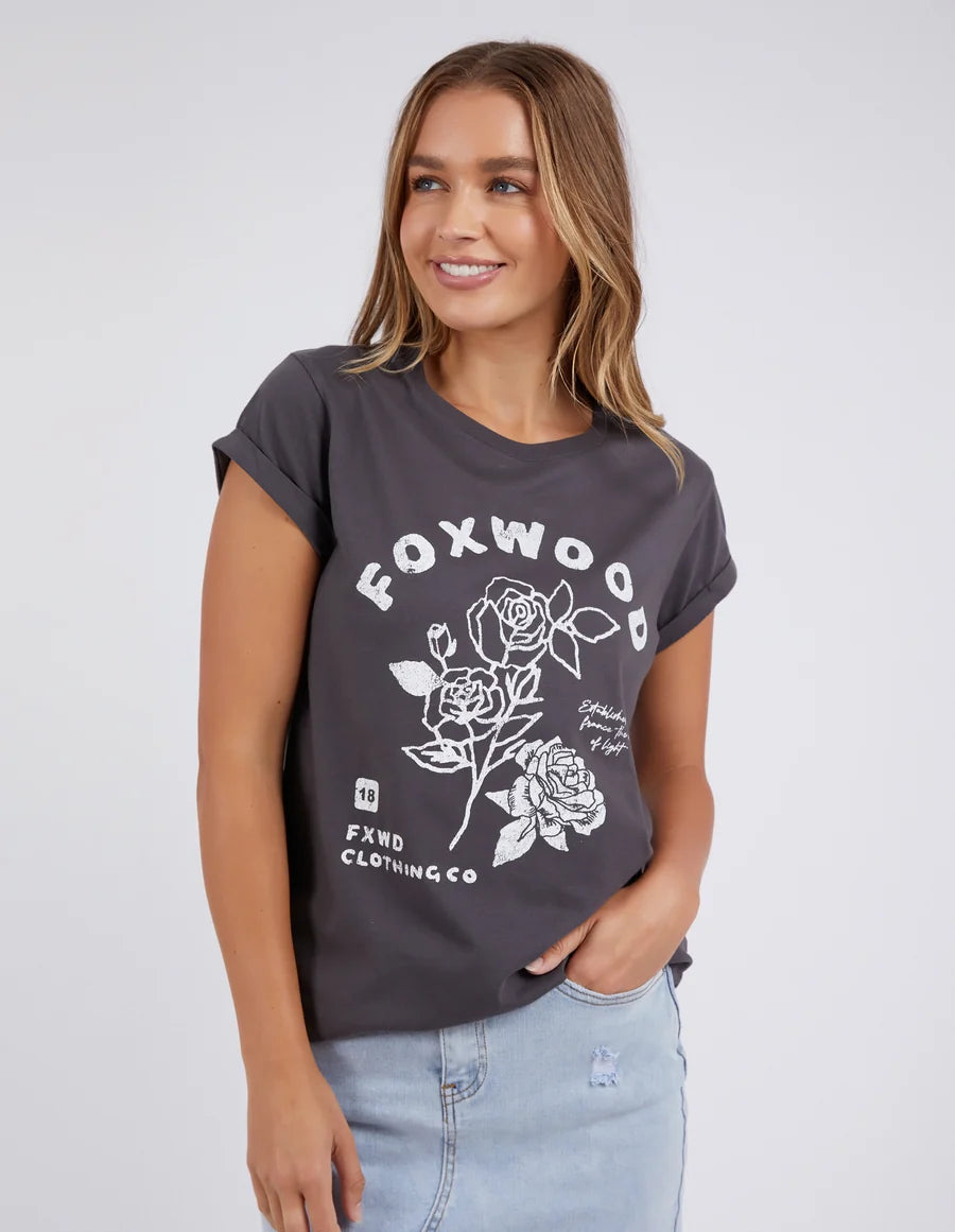 Women’s tie-back tops for adjustable style -FOXWOOD ROSETTE TEE - WASHED BLACK