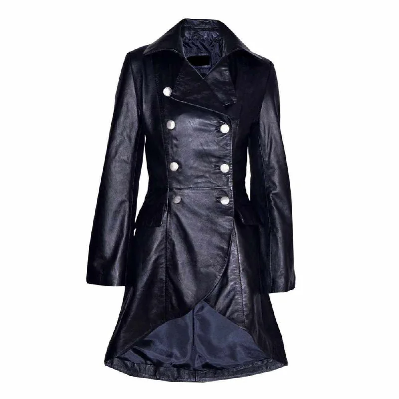 Women’s oversized trench coats for bold fashion -Women Victorian Double Breast Black Leather Coat