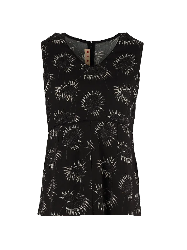 Women’s drawstring tops for adjustable comfort -palm-print sleeveless blouse