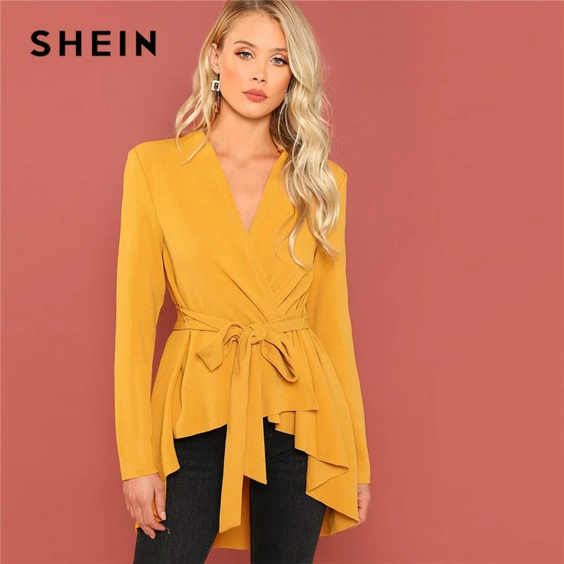 Women’s raincoats for wet weather protection -SHEIN Ginger Office Lady Elegant Asymmetrical Hem V neck Belted Solid Coat 2018 Autumn Workwear Fashion Women Coats Outerwear