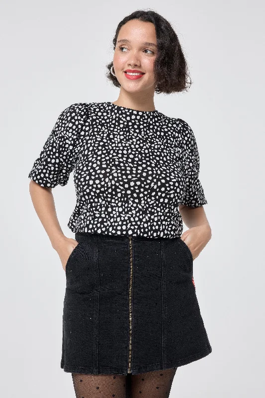 Women’s tunic tops for relaxed style -Black with White Cheetah Puff Sleeve T-Shirt