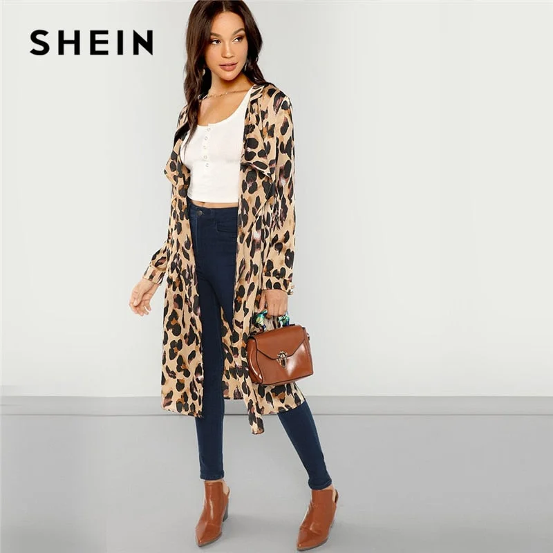 Women’s wool-blend coats for everyday wear -SHEIN Apricot Workwear Elegant Open Front Shawl Collar Leopard Print Fashion Coat 2018 Autumn Highstreet Women Coats Outerwear