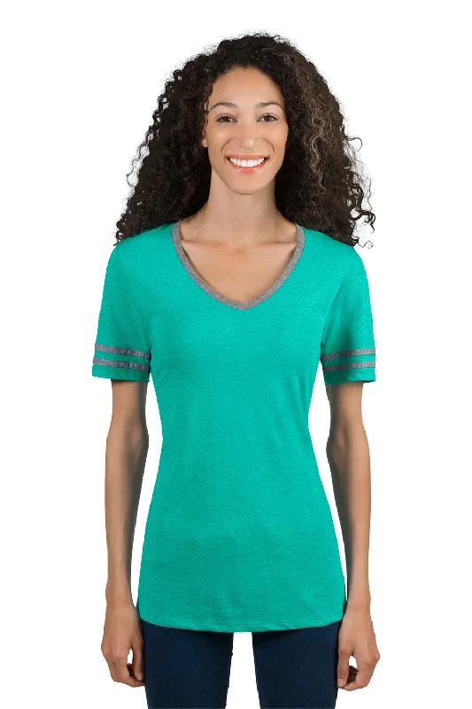 Women’s cut-out tops for modern look -Jerzees Womens Varsity Ringer Moisture Wicking Short Sleeve V-Neck T-Shirt - Heather Mint Green/Oxford Grey - Closeout