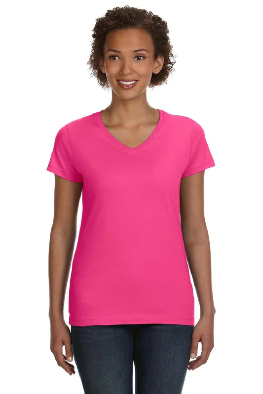 Women’s smocked tops for trendy design -LAT Womens Fine Jersey Short Sleeve V-Neck T-Shirt - Hot Pink