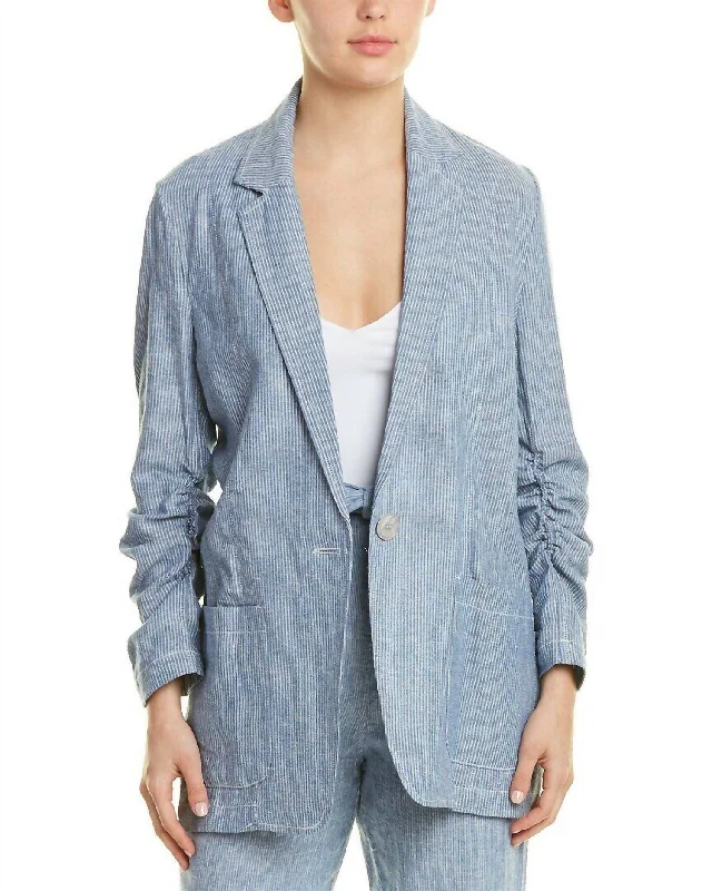 Women’s winter coats for cold weather protection -Striped Linen Blend One-Button Blazer In Blue