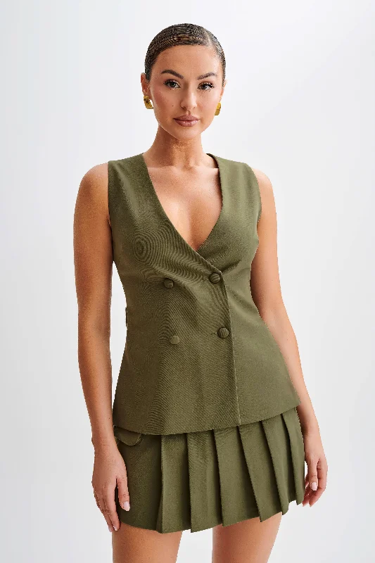 Women’s peplum blouse tops for polished look -Amelie Suiting Longline Vest - Military Olive